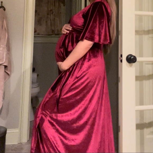 Maroon Velvet Maternity Dress Maxi Flutter Sleeve - Picture 3 of 3